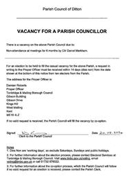 NOTICE OF VACANCY AT DITTON PARISH COUNCIL