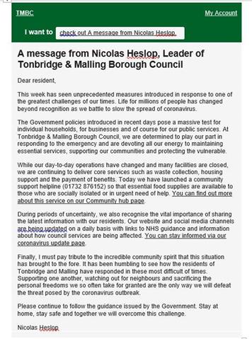  - TMBC Letter from Leader of the Council