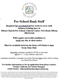 DITTON CHURCH PRE-SCHOOL VACANCY FOR BANK STAFF